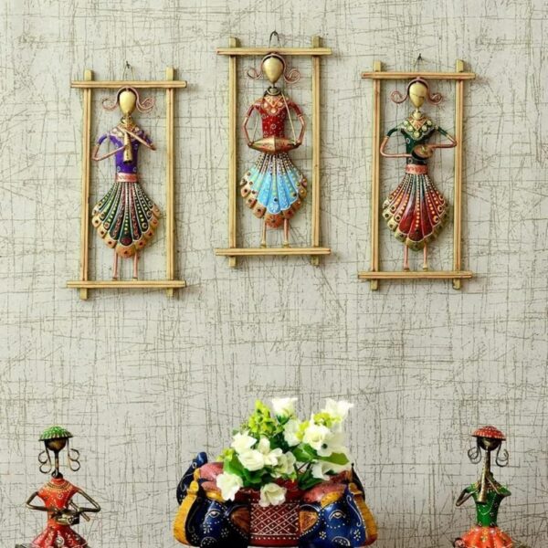 Desired decor - Handmade Rajasthani Musician Showpiece for wall decoration for living room - wall decoration items for bedroom - Metal - Multicolour - Set of 3 Frames - Medium size