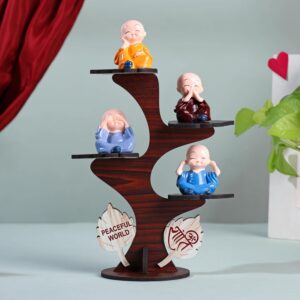 Desired Decors Decorative Set of 4 Adorable Buddha Monk Figurines With Wooden Stand For Peaceful Home Decor