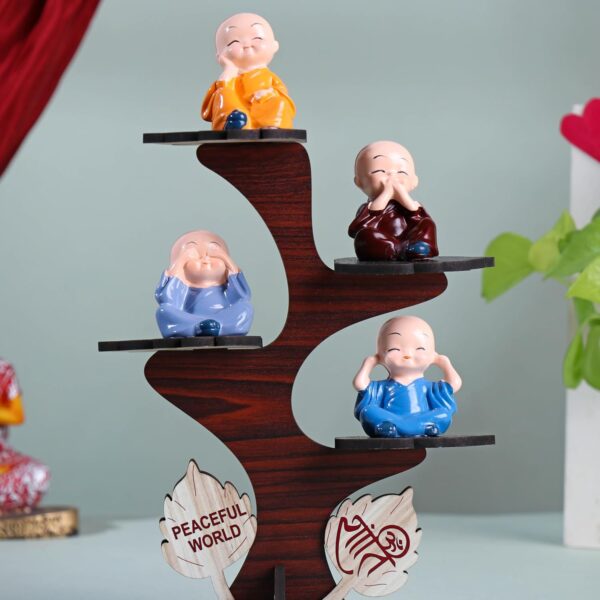 Desired Decors Decorative Set of 4 Adorable Buddha Monk Figurines With Wooden Stand For Peaceful Home Decor - Image 3