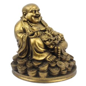 Laughing Buddha Sitting on Luck Money Coins Carrying Golden Ingot for Good Luck & Happiness (5 Inches,Gold, 1 Piece) - Home Deocration Gifting (Made in India)