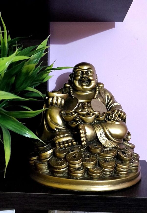 Laughing Buddha Sitting on Luck Money Coins Carrying Golden Ingot for Good Luck & Happiness (5 Inches,Gold, 1 Piece) - Home Deocration Gifting (Made in India) - Image 3