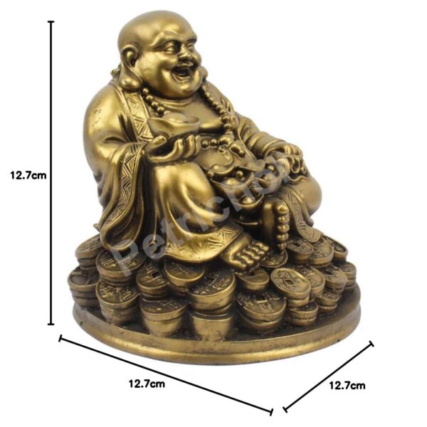 Laughing Buddha Sitting on Luck Money Coins Carrying Golden Ingot for Good Luck & Happiness (5 Inches,Gold, 1 Piece) - Home Deocration Gifting (Made in India) - Image 4