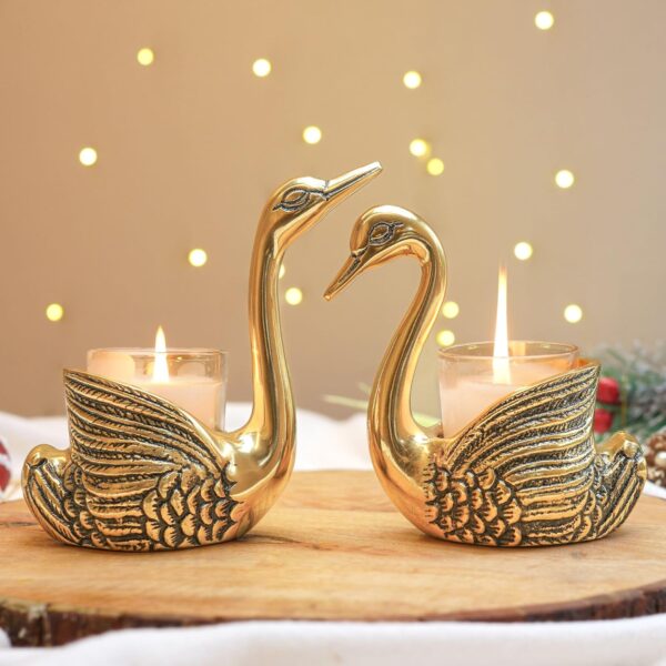 Desired Aluminium Pair of Swans for Good Luck and Love | Candle Holder for Home Decor Gold