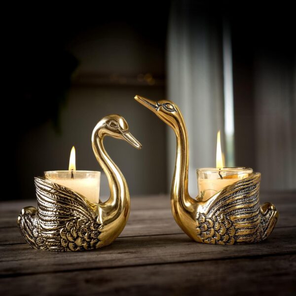 Desired Aluminium Pair of Swans for Good Luck and Love | Candle Holder for Home Decor Gold - Image 2