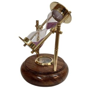 Desired Decors Brass Sand Timer Wood Base With Compass Nautical, Hanging Sand Clock 2 Min Hourglass Pink Sand Best For Gift Home & Office Decor