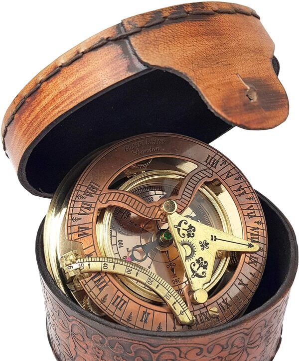 Desired Decors Designer Antique Brass & Copper Sundial Compass, Sundial Clock with Leather Case - Image 3